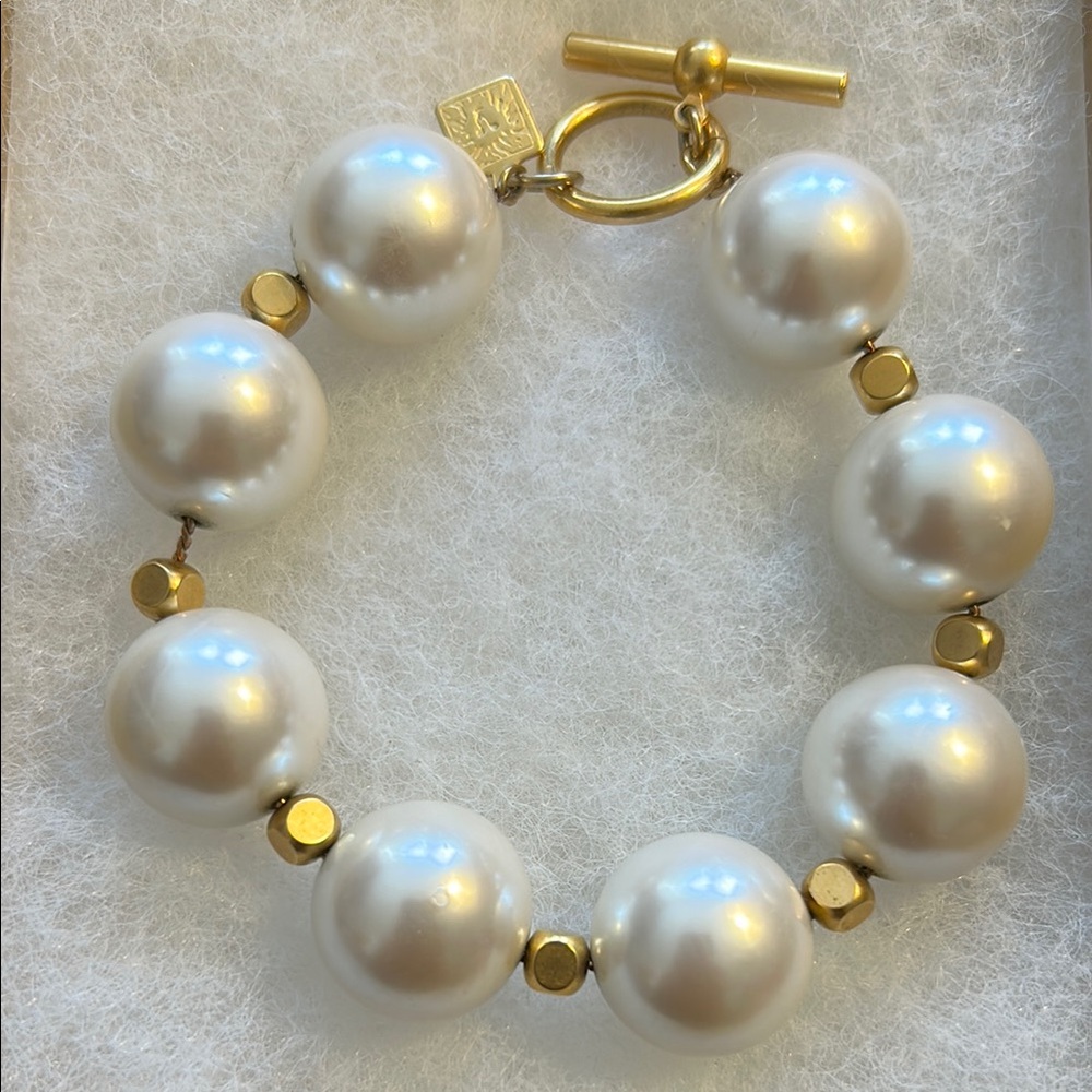 Anne Klein Gold and White Pearl Bracelet with Toggle Clasp